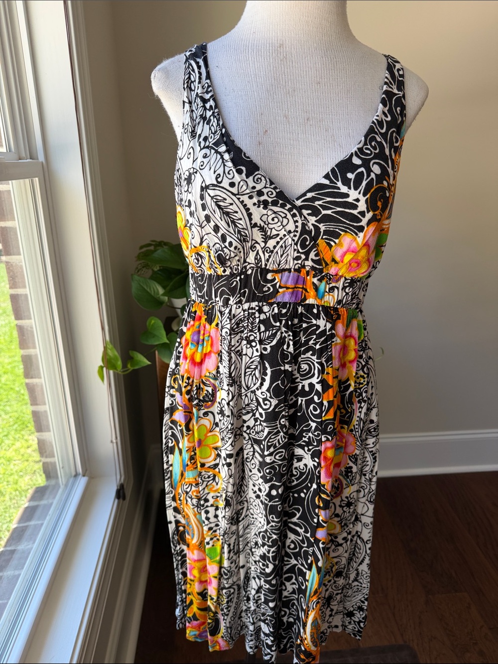 Black & White Floral-Print Midi Dress with Bright Floral Accents